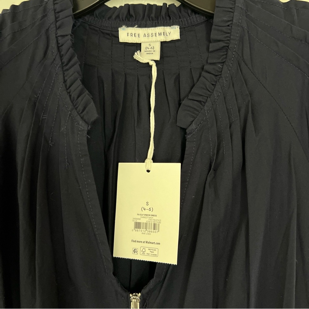 Nwt Free Assembly Women Zip Front Dress Navy Cotton maxi Flutter Sleeves - Picture 2 of 10
